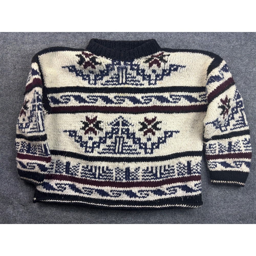 Rey Wear Wool Sweater Mens XL Cream Blue Hand Made Ecuador Geometric Knit 65440